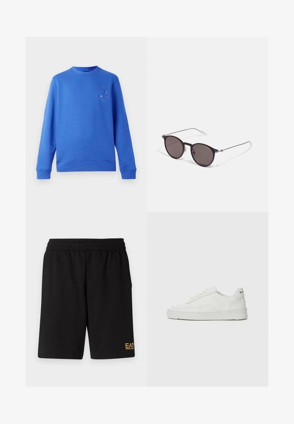 Blå hettegenser med rund hals, ribbestrikkede mansjetter og kant. Har et flerfarget "Paul Smith"-logo øverst til venstre. Glatt tekstur.; Sorte treningsshorts laget av mykt stoff, med elastisk midje og en liten gul EA7-logo nederst på venstre ben.; Hvite lærersneakers med en jevn overflate, rund tå, flate lisser og en teksturert såle. Har en subtil logo på hælen.; Sorte, runde solbriller med mørke linser og slanke metalarmer. Inkluderer klare temple tips og sølvfargede detaljer ved hengslet. Minimalistisk design.