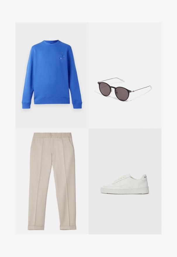 Felpa blu con collo a giro e polsini e orlo a costine. Presenta un logo "Paul Smith" multicolore sul lato superiore sinistro. Texture liscia.; Filippa K TERRY CROPPED TROUSERS - Pantaloni - sage melange; Sneaker in pelle bianca con una finitura liscia, punta rotonda, lacci piatti e suola testurizzata. Presenta un logo discreto sul tallone.; Occhiali da sole neri rotondi con lenti scure e sottili bracci in metallo. Include punte trasparenti e accenti argentati alla cerniera. Design minimalista.