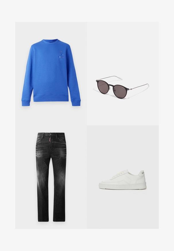 Blå sweatshirt med rund halsringning, ribbade manchetter och nederkant. Har en mångfärgad "Paul Smith"-logotyp på övre vänstra sidan. Slät textur.; Svarta denimjeans med rak passform. Har blekta områden, mindre slitningar, klassisk femficksdesign och knäppning med knapp.; Vita lädersneakers med en jämn yta, rund tå, platta snörningar och en strukturerad sula. Har en diskret logotyp på hälen.; Svarta runda solglasögon med mörka linser och smala metallarmar. Inkluderar klara tempeltips och silverdetaljer vid gångjärnet. Minimalistisk design.