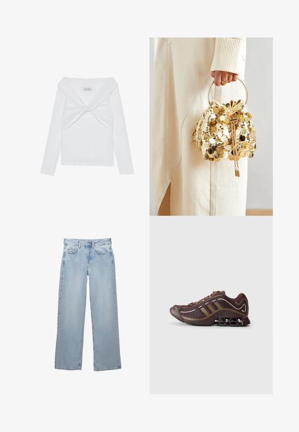 Witte geribbelde lange mouw top met een gedraaide voorkant, met een brede halslijn en naadloze randen. Merklabel: Anna Field.; Lichtblauwe denim jeans met een wijdere pijpdesign, voorzien van een knoop- en ritsluiting, vijf zakken en minimale stikseldetails.; Bruin sportschoen met bovenkant van mesh en synthetisch materiaal, voorzien van drie strepen, gedetailleerde stiksels, tochtige zool en kenmerkende veerkrachtige hak.; Gouden pailletten trekkoord handtas met een ronde handgreep, versierd met glanzende ronde pailletten en een gemêleerde stof. Afmetingen zijn niet opgegeven.
