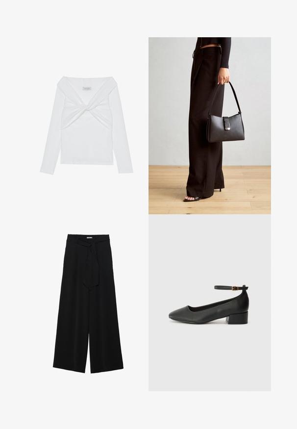 Bijela rebrasta majica dugih rukava s uvijenim prednjim dizajnom, s širokim izrezom i bešavnim rubovima. Brend: Anna Field.; Crne široke hlače od teksturirane tkanine, s elastičnom pojasom i odvojivim remenom na struku za prilagodivo pristajanje.; Crne kožne pumpe s oštrim vrhom i niskom blok petom. Sadrže remen oko gležnja s zlatnim kopčanjem. Glatka tekstura.; Crna torba s oblikom koji sadrži strukturu, glađu teksturu i metalnu kopču. Uparena s širokim crnim hlačama i sandalama na otvorenom s drvenog poda.