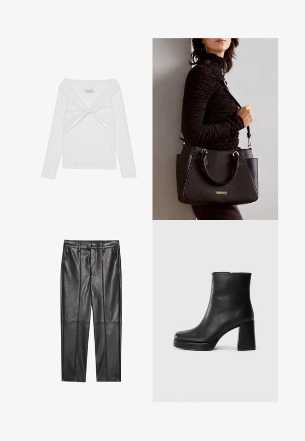 Vit ribbad långärmad topp med en vriden framsida, som har en bred halsringning och sömlösa kanter. Varumärkesetikett: Anna Field.; Svarta läderbyxor med en slät textur, med rak passform, två framfickor och synliga sömdetaljer.; Svart läderankelboot med blockklack och platåsula, sedd från sidan på en enkel vit bakgrund.; Svart handväska med texturerad yta, dubbla handtag upptill och justerbar axelrem. Utrustad med detaljer i guld och sidofickor.