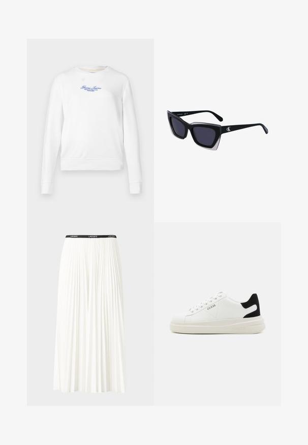 Felpa bianca con maniche lunghe, collo a giro, polsini e orlo a costine. Presenta un ricamo blu con il logo "Guess Jeans" sulla parte anteriore.; Gonna bianca plissettata con elastico nero in vita che presenta il logo "LACOSTE". Design di lunghezza media con texture morbida.; Sneaker bianchi in pelle con suola spessa bianca, accento in suede nero sul tallone e logo impresso sul lato. Design con lacci e sei fori per i lacci.; Occhiali da sole oversize neri dalla forma geometrica, con lenti scure e un dettaglio grigio a contrasto sulla montatura. Logo sul braccio.