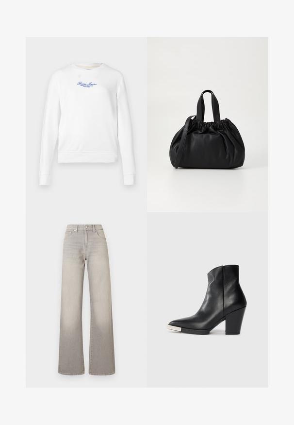 Balta ilgomis rankovėmis maikutė, su apvaliu kaklu, ribotu rankogaliu ir apačia. Priekio puošia mėlyna išsiuvinėta "Guess Jeans" logotipas.; Pilki plačių kojų džinsai su išblukusiu apdailos efektu, mygtukų uždarymu, penkių kišenių dizainu ir siuvinėjimu palei siūles.; Juodas odinis kulkšninis botas su smailiu pirštu, aukštu blokuotu kulnu ir sidabriniu piršto dangteliu. Lygus paviršius ir paprastas dizainas.; Juoda odinė rankinė su susiraukšlėjusiu viršumi, su dviem trumpomis rankenėlėmis ir ilga reguliuojama juosta. Lygus paviršius, apvalios formos.