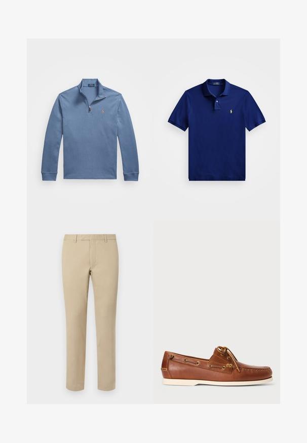 Lys blå genser laget av bomull, med halv-zip krage, lange ermer og en liten brodert logo på brystet.; Marineblå polo skjorte laget av myk bomull, med en tre-knappslukking, korte ermer og en gul logo på venstre bryst.; Beige bomullsbukser med rett snitt, med beltehemper, flat front og skreddersydde nederkanter. Jevn tekstur og minimal detaljering.; Brune lærbådssko med snørebånd, gyldne øjer og cremet gummisål. Designet med et hævet sy-mønster på tåen.