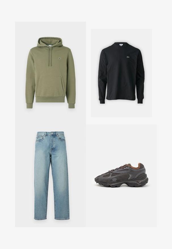 Olivgrüner Hoodie aus Baumwollmischung. Verfügt über eine Kängurutasche, eine Kapuze mit Kordelzug und ein kleines gesticktes Logo auf der Brust.; Schwarzes Langarm-T-Shirt aus Baumwolle, mit Rundhalsausschnitt und einem kleinen grünen, gestickten Krokodil-Logo auf der linken Brust.; Hellblaue Denim-Jeans mit lockerer Passform, geraden Beinen, fünf Taschen im Design und einem Knopfverschluss an der Taille. Minimalistische Nähdetails.; Lacoste Sneaker in Dunkelgrau aus Mesh und Synthetikmaterial, mit einer strukturierten Sohle und braunen Akzenten am Kragen und Logo.