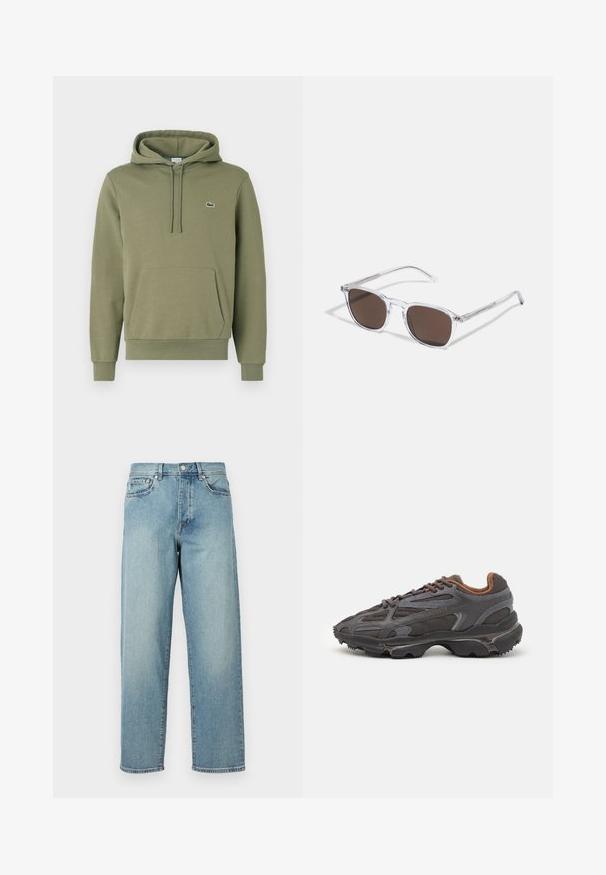 Sudadera verde oliva hecha de una mezcla de algodón. Cuenta con un bolsillo tipo canguro, capucha con cordón y un pequeño logo bordado en el pecho.; Jeans de mezclilla azul claro con un corte amplio, piernas rectas, diseño de cinco bolsillos y cierre de botón en la cintura. Detalle de costura minimalista.; Zapatillas Lacoste en gris oscuro con material de malla y sintético, que cuentan con una suela texturizada y detalles en marrón en el cuello y la marca.; Gafas de sol de plástico transparente con lentes marrones rectangulares, que cuentan con finas varillas transparentes y acentos metálicos en las patillas.