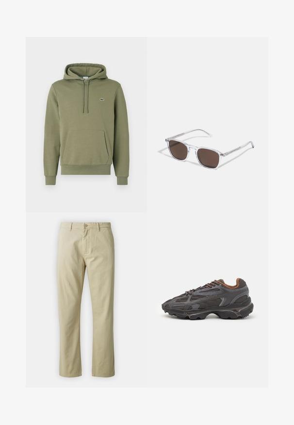 Majolica zelena kapuca iz mešanice bombaža. Ima kenguru žep, kapuco s vrvico in majhen vezen logotip na prsih.; Bež bombažne hlače s ravnim krojem, sprednjim gumbom in zankami za pas. Gladka tekstura, brez vidnih vzorcev ali akcentov.; Lacoste teniske v temno sivi barvi z mrežasto in sintetično prevleko, s teksturiranim podplatom in rjavimi detajli na ovratniku ter blagovni znamki.; Jasne plastične naočale s pravokutnim smeškim lećama, koje imaju tanke, prozirne drške i metalne detalje na sljepoočnicama.
