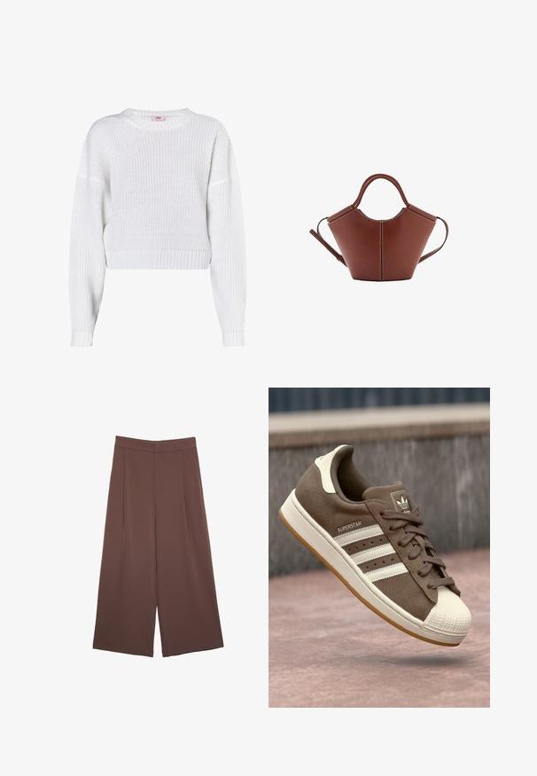 Weißer, gestrickter Pullover mit Rundhalsausschnitt, verkürztem Design, geripptem Saum und locker sitzenden langen Ärmeln. Texturiert mit offener Webart.; Braune Weite-Leg-Hosen mit einer glatten Textur, hoher Taille und Vorderfalten. Der Stoff ist leicht und fällt locker.; Braune Wildleder-Sneaker mit weißen Streifen, crèmefarbenen Akzenten und einer Gummischale an der Zehe. Verfügt über ein Schnürdesign und eine strukturierte Gummisohle.; Braune Ledertasche mit konischer Form, robusten Trägern und kontrastierenden weißen Nähten. Verfügt über einen abnehmbaren Schultergurt für Vielseitigkeit.