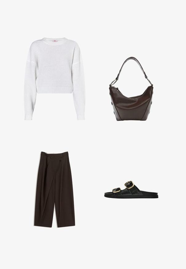 White knitted sweater with a round neckline, cropped design, ribbed hem, and loose-fitting long sleeves. Textured fabric with open weave.; Dark brown wide-leg trousers with a high waist, featuring a single button closure and a pleated front. Made from lightweight fabric.; Black slide sandal with two gold buckle accents, smooth textured material, flat sole, and a minimalist design.; Dark brown leather handbag with a curved shape, zip closure, and a short handle. Features metal hardware and decorative black buttons on the side.