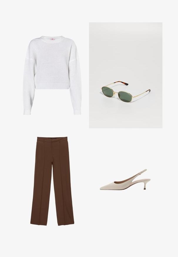 Bijela pletena majica sa okruglim izrezom, skraćenim dizajnom, rebrastim rubom i širokim dugim rukavima. Teksturisani materijal s otvorenom tkaninom.; Smeđe široke hlače od glatkog materijala, s ravnim prednjim dijelom, dva prednja džepa i pregibima za sofisticiran izgled.; Bež sandale s potpeticom, s uskim vrhom i niskom, proširenom potpeticom. Izrađene od glatke kože s minimalističkim dizajnom i podesivim remenom.; Izvode ovalne sunčane naočale s tamnozelenim staklima. Okvir u zlatnoj boji od metala s smeškanim školjkastim detaljima na sljepoočnicama. Minimalistički dizajn.; Smeđa kožna torba preko ramena s uzorkom loga, zlatna lanac trakica, zatvaranje na patentni zatvarač i zlatni metalni detalji. Kompaktna i pravokutna forma.