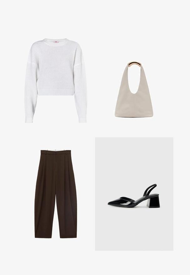 Witte gebreide trui met een ronde hals, cropped ontwerp, geribde onderkant en losse lange mouwen. Geweven stof met open structuur.; Bruine high-waisted broek met plooien, gemaakt van soepel materiaal. Loose fit, rechte pijpen, met riemlussen en een ritsluiting.; Zwarte gepatineerde leren slingback hakken met een spitse neus en een geometrische blokhak. Kenmerkt zich door een slank, minimalistisch ontwerp en een gladde textuur.; Lichtgrijze leren tas met een U-vormig ontwerp en een gebogen metalen handvat. Glad oppervlak met minimale stiksels en geen zichtbare patronen.