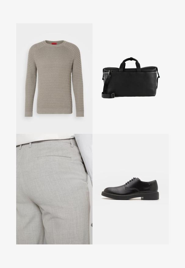 Grauer Strickpullover mit einem strukturierten Muster, langen Ärmeln und einem gerippten Saum. Hat einen runden Halsausschnitt und dezente, tonale Nähte.; Hellgraue, maßgeschneiderte Hose aus strukturiertem Stoff, mit einer einzelnen Gesäßtasche und sauberer Nahtführung.; Schwarzer Leder-Schnürschuh mit abgerundetem Zeh, glatter Textur, minimaler Naht und niedrigem Gummiabsatz. Logo auf der Ferse.; Schwarze Ledertasche mit strukturiertem Oberflächen, doppelten Griffen, verstellbarem Schultergurt und Reißverschluss oben. Schlichte Logoschrift auf der Vorderseite.