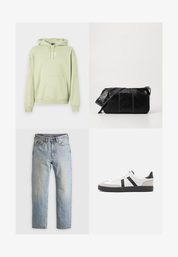Lys grønn hettegenser laget av myk stoff, med en frontlomme og hvit "GAP" logo. Ribbestrikkede mansjetter og nederkant.; Lys blå denim jeans med høy midje, frontknapp, glidelås og fem-lommers design, lagt flatt på en nøytral bakgrunn.; Hvite sneakers med svarte og grå detaljer, med en teksturert grå tåhette, svart gummisåle, og flate hvite lisser. Rent design, minimalistisk stil.; Svart lær skulderveske med glidelås, med teksturert overflate, hvite sømmer og en stropp med sølvringer.
