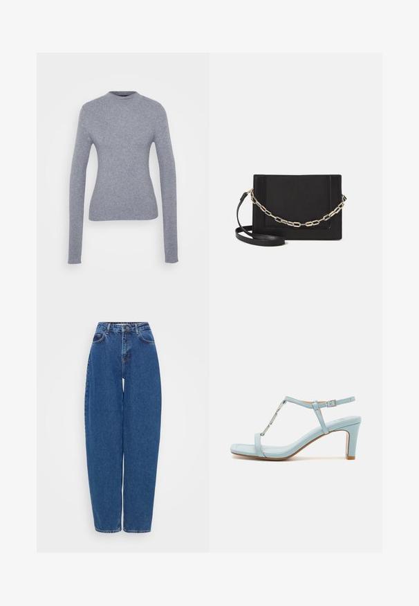 Pelēks, ribots garās piedurknes džemperis ar augstu kaklu. Pieguļošs dizains un gluda tekstūra. Vienkāršs un minimālistisks, bez redzamiem aizdariem vai rakstiem.; Zilas džinsu bikses ar brīvu piegriezumu, augstu jostasvietu un taisnu kāju izskatu. Ievēro tradicionālos šuvumus un piecus kabatas.; Gaiši zilas potīšu siksniņu augstpapēžu sandales ar kvadrātveida purngalu, kurām ir metāliska akcenta detaļa un gluda, gluda ādas tekstūra.; Melna ādas crossbody soma ar gludu faktūru, taisnstūrveida formu un metalizētu ķēdes detaļu priekšā. Iekļauta regulējama siksna.