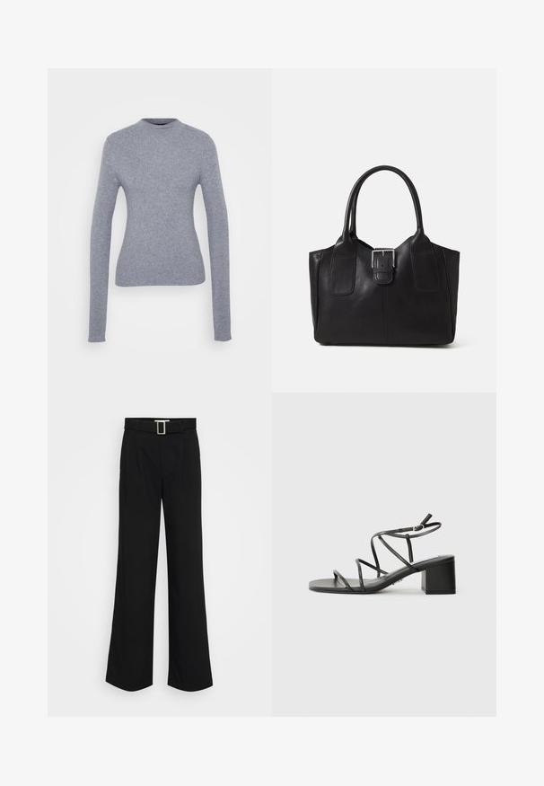 Grå, ribbade långärmade tröja med hög krage. Figursydd design och slät textur. Enkelt och minimalistiskt utan synlig hårdvara eller mönster.; Svarta vida byxor gjorda av lättviktsmaterial, med en slät textur, framfällningar och ett bälte med en kvadratisk metallspänne.; Svarta sandaletter med remmar och fyrkantig tå, samt en kraftig klack, tillverkade av ett slätt material. Har justerbara ankelremmar och minimalistisk hårdvara.; Svart läder tote-väska med slät yta, strukturerad form, två handtag och en framträdande silverfärgad spänne på framsidan.