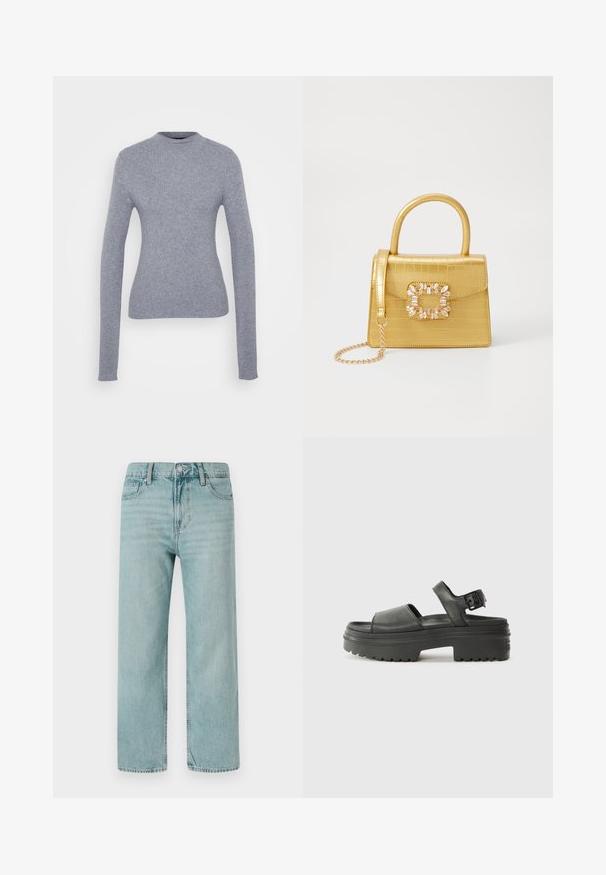 Pilkas, dryžuotas ilgomis rankovėmis megztinis su aukštu kaklu. Prigludęs dizainas ir lygus paviršius. Paprastas ir minimalistinis, be matomų detalių ar raštų.; Šviesiai mėlyni plačiakojai džinsai, pagaminti iš džinsinio audinio, su klasikinio penkių kišenių dizainu, švariomis linijomis ir reguliariu liemeniu su mygtuko uždarymu.; Juodos platformos sandalai, pagaminti iš tekstūruoto paviršiaus, su atviru pirštu, kulkšnies dirželiu ir storu, gofruotu guminiu padu.; Geltonas dirbtinės krokodilo odos rankinukas su standžiu dizainu, viršutine rankena, nuimamu grandininiu dirželiu ir dekoratyviniu krištolo papuošimu ant užsegimo.