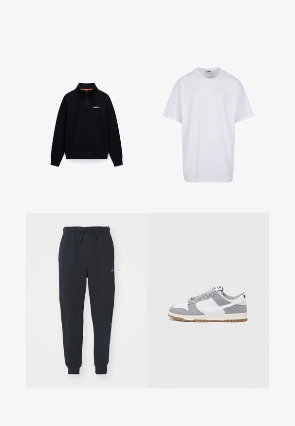 Czarny sweter z wysokim kołnierzem i półzamkiem. Posiada pomarańczowy akcent wewnątrz kołnierza oraz małe logo na piersi.; Biała bawełniana koszulka z krótkimi rękawami, okrągłym dekoltem, luźnym krojem i bez widocznych logo lub wzorów. Gładka tekstura i minimalistyczny design.; Czarne dresowe spodnie wykonane z miękkiego materiału, z elastycznym paskiem w talii ze sznurkiem, ściągaczami na nogawkach oraz małym logo na lewej udzie.; Sneakersy Nike mają szarą cholewkę z zamszu i białej skóry z perforacjami, okrągłe sznurowadła oraz gumową podeszwę zapewniającą przyczepność.