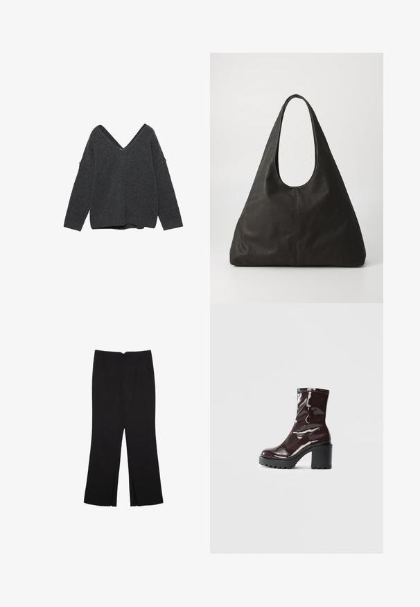 Maglione oversized grigio scuro con scollatura a V profonda, maniche larghe e orlo a coste. Tessuto morbido e vestibilità rilassata. Nessun motivo o hardware visibile.; Pantaloni neri a gamba dritta, con tasche frontali e spacchi laterali all'orlo. Realizzati in tessuto morbido e liscio. Adatti a diverse occasioni.; Stivale alla caviglia bordeaux lucido con un tacco spesso nero, caratterizzato da una superficie liscia e un design semplice. Nessuna chiusura visibile o motivo.; Borsa a tracolla in pelle nera con manico curvo, forma triangolare allungata e superficie liscia. Presenta un design minimalista senza hardware visibile.