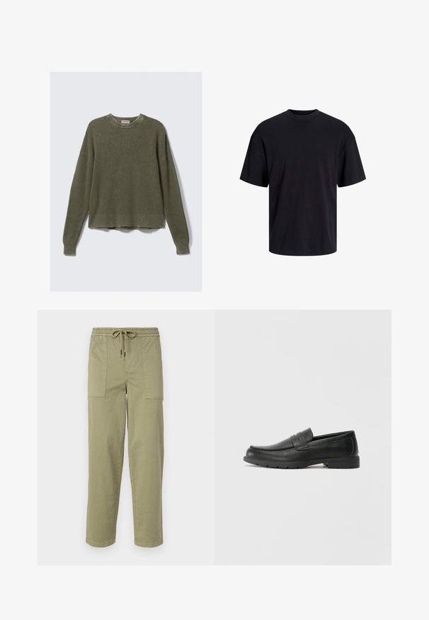 Olivgrüner gestrickter Pullover mit geripptem Rundhalsausschnitt, überschnittenen Schultern, langen Ärmeln und croped Hemd. Strukturiertes Gewebe mit sichtbaren Mustern.; Schwarzes Baumwoll-T-Shirt mit Rundhalsausschnitt, kurzen Ärmeln und lässiger Passform. Glatte Oberflächenstruktur und keine sichtbaren Muster oder Akzente.; Helle olivgrüne Hose aus Baumwollmischgewebe, mit einem elastischen Bund und Kordelzug sowie zwei großen Seitentaschen.; Schwarze Lederloafers mit glatter Oberfläche, Mokassin-oberteil, genähten Details und Gummisohle. Klassisches Design mit niedrigem Absatz.