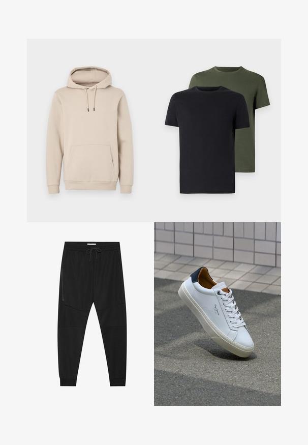 Hoodie in lichtbeige, gemaakt van zachte stof. Beschikt over een voorzak en verstelbare koordjes met zwarte uiteinden. Ribgebreide manchetten.; Twee crew-neck t-shirts in zwart en olijfgroen, gemaakt van zachte katoen. Het ontwerp is eenvoudig met korte mouwen en een rechte snit.; Zwarte sportbroeken van textuurstof, met een verstelbare tailleband, een ritssluiting opzij en tapered boorden.; Witte leren sneaker met een marineblauwe hiel, ronde neus en contrasterende bruin accent. Beschikt over platte veters en een gestructureerde rubberen zool.