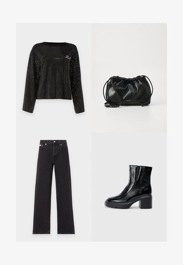 Sweater preto cropped com decote redondo e mangas longas, adornado com tachas metálicas e um pequeno logótipo bordado.; Jeans de perna larga pretos feitos de denim, apresentando uma cintura alta, estilo de cinco bolsos e um fecho em botão de metal com costura contrastante.; Botas de tornozelo de verniz preto com ponta curva, painéis laterais elásticos e um salto quadrado robusto. Apresenta um logotipo em relevo na parte de trás.; Bolsa de mão em couro preto com design franzido, fecho de cordão duplo e alça de ombro destacável. Apresenta detalhe em logo metálico.