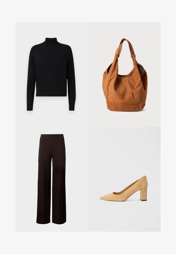 Czarny sweter z golfem, z długimi rękawami, ściągaczami na mankietach i dopasowanym wykończeniem. Miękka faktura, prosty krój i jednolity kolor bez wzorów.; Czarne spodnie o szerokich nogawkach z elastycznym paskiem, wykonane z gładkiego, rozciągliwego materiału. Posiadają minimalistyczny design bez wzorów.; Beżowe zamszowe czółenka na wysokim obcasie z ostrym noskiem i szerokim słupkiem. Materiał ma miękką fakturę i gładkie wykończenie.; Brązowa zamszowa torba na ramię o miękkiej teksturze, zakrzywionym kształcie i dwóch uchwytach. Charakteryzuje się minimalistycznym wyglądem, bez widocznych elementów metalowych czy akcentów.