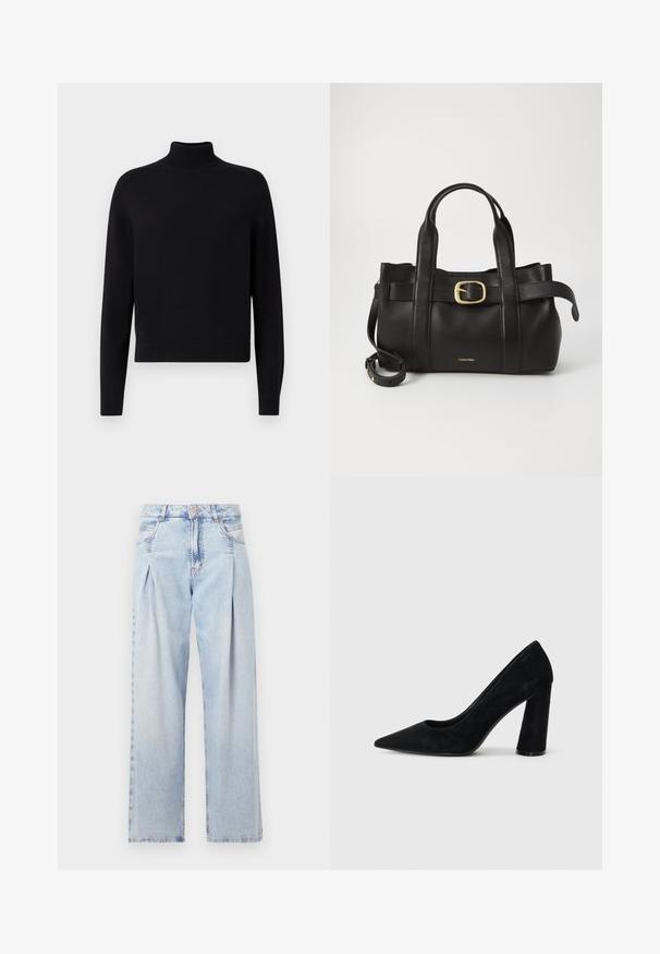 Black turtleneck sweater with long sleeves, ribbed cuffs, and a fitted hem. Soft texture, simple design, and solid color without patterns.; Light blue denim jeans with a high waist, wide-leg cut, two side pockets, and pleated design feature. Soft texture with a faded finish.; Black suede high-heeled pump with a pointed toe and a chunky heel. Sleek design, smooth texture, and minimalistic style. No visible branding.; Black leather handbag featuring a structured design, dual top handles, gold-tone buckle accent, and embossed brand logo at the front.