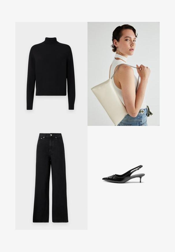 Juodas golfo tipo megztinis su ilgomis rankovėmis, raukšlėtomis rankogaliais ir prigludusia apačia. Minkšta tekstūra, paprastas dizainas ir vienspalvis be raštų.; Aukštai liemeni juodos džinsinės kelnės su plačiais kojų kirpimais, turinčios penkias kišenes ir sidabrinės spalvos detales. Bendras paviršius lygus.; Juodos odinės slingback aukštakulniai su smailiu nosiu, mažais katės kulnais ir dekoratyvine mazgo detale priekyje. Visas paviršius lygus.; Balta, stačiakampio formos rankinė pagaminta iš blizgaus medžiagos, su sidabriniu virvute. Modelis pozavo, demonstruodamas rankinę prieš paprastą foną.
