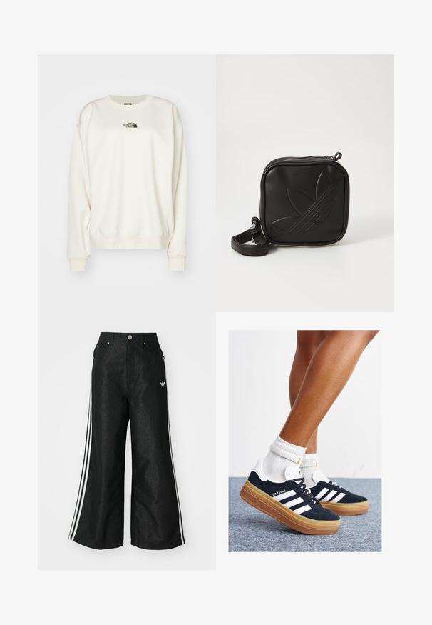 The North Face ESSENTIAL OVERSIZE CREW - Collegepaita - white dune; Mustat leveät farkut kolmella valkoisella raidalla jokaisella sivulla ja pienellä valkoisella logolla. Ominaisuuksiin kuuluvat etutaskut ja napitus.; Musta mokkanahkainen tennari, jossa valkoiset raidat ja yksityiskohdat, pyöreä kärki, purukumipohja, yhdistetty valkoisiin ribbineuleisiin nilkkasukkiin.; Mustikka neliö muotoinen olkalaukku, joka on valmistettu teksturoidusta synteettisestä materiaalista. Varustettu kohotetulla logolla ja säädettävällä hihnalla. Vetoketjukiinnitys.