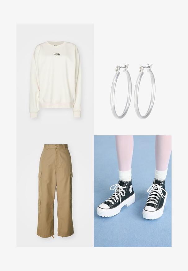 The North Face - Bluza; Beżowe spodnie cargo z wysokim stanem, szerokimi nogawkami i czterema dużymi bocznymi kieszeniami. Wykonane z trwałego materiału o gładkiej fakturze i minimalnych detalach.; Czarne wysokie trampki z białymi podeszwami i sznurowadłami, z okrągłym logo po boku i kontrastującym czarnym przeszyciem. Teksturowana cholewka z materiału.; Srebrne kolczyki w formie kółek o gładkim, polerowanym wykończeniu. O okrągłym kształcie i pewnym zapięciu na klik. Lekka konstrukcja odpowiednia do codziennego noszenia.