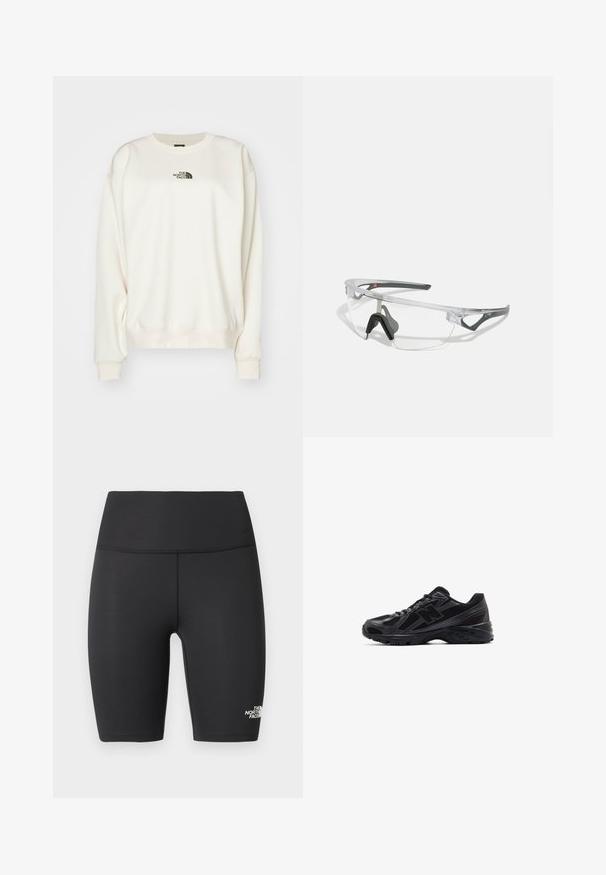 The North Face ESSENTIAL OVERSIZE CREW - Sweater - white dune; Zwarte sportieve biker shorts met hoge taille, flatlocknaden en het The North Face-logo op het onderste deel van het linkerbeen.; Zwarte sportieve schoenen met een bovenwerk van mesh en synthetische overlays, voorzien van een gestructureerde zool en reflecterende accenten voor zichtbaarheid.; Duidelijke veiligheidsbril met een lichtgewicht, transparant montuur en grijze accenten. Bevat een rond lopend ontwerp en een verstelbare neuspiece.