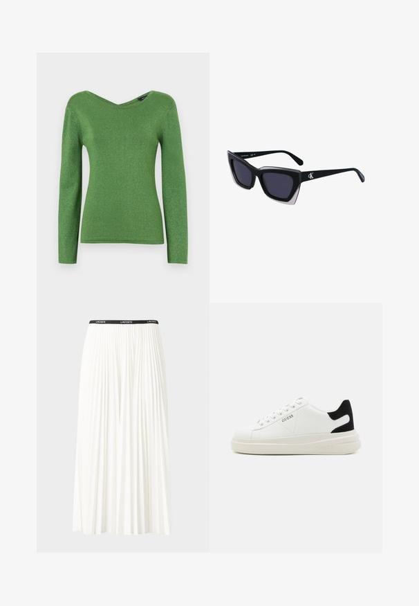 Haut à manches longues vert en tissu scintillant, avec un décolleté en V et une silhouette ajustée, au toucher lisse et sans embellissements visibles.; Jupe plissée blanche avec une taille élastique noire portant le logo "LACOSTE". Design mi-long avec une texture douce.; Baskets en cuir blanc avec une épaisse semelle blanche, un accent en daim noir au niveau du talon et un logo embossé sur le côté. Design à lacets avec six œillets.; Lunettes de soleil noires surdimensionnées avec une forme géométrique, dotées de verres foncés et d'un détail gris contrastant sur la monture. Logo sur la branche.; Boucles d'oreilles en argent avec une finition lisse et brillante. Forme arrondie, conception légère, avec un fermoir à tige.