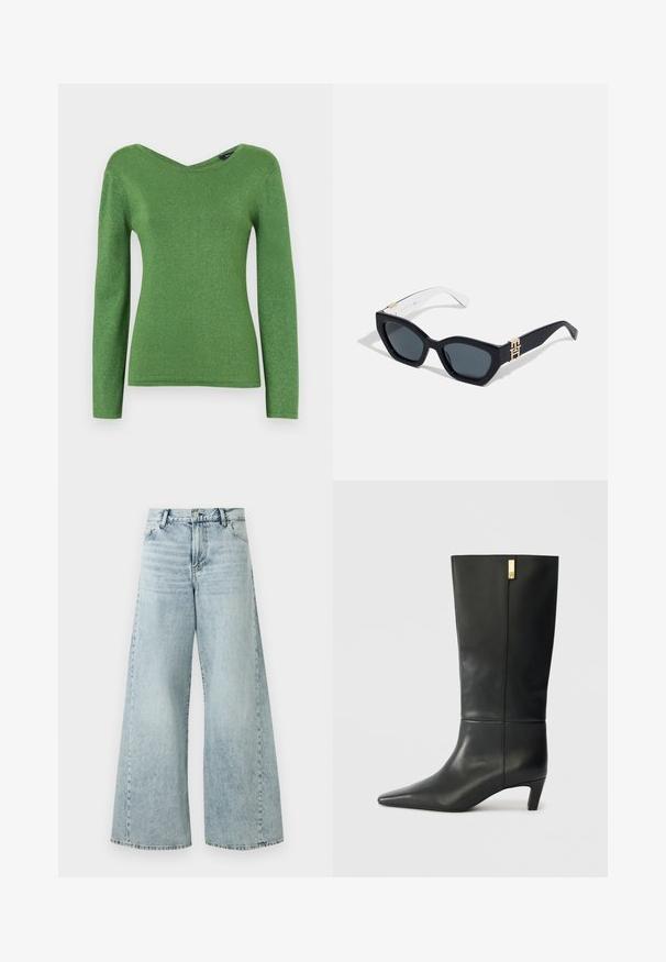 Haut à manches longues vert en tissu scintillant, avec un décolleté en V et une silhouette ajustée, au toucher lisse et sans embellissements visibles.; Jean en denim bleu clair à jambes larges avec taille haute, doté d'une fermeture à bouton, de cinq poches et de détails à l'ourlet effiloché.; Botte noire en cuir, montant jusqu'au genou, avec un bout pointu et un petit talon. Design épuré avec un détail en accent doré. Texture lisse.; Tommy Hilfiger Lunettes de soleil - blue