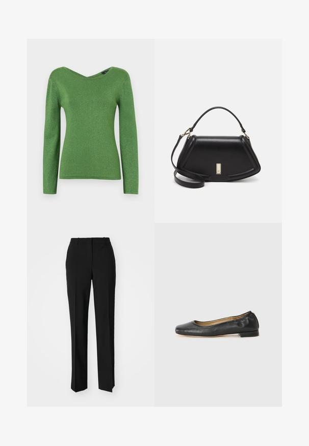 Maglia verde a maniche lunghe realizzata in tessuto lucido, con scollatura a V e silhouette aderente, dal texture morbido e senza decorazioni visibili.; Pantaloni neri su misura con un design a gamba dritta, caratterizzati da una texture liscia e pieghe ben definite sul davanti. Senza hardware visibile.; Ballerine in pelle nera con punta arrotondata e cuciture minime. Tacco basso e rettangolare, con texture liscia. Dettaglio discreto sulla fodera interna.; Borsa a mano in pelle nera con un design strutturato, caratterizzata da una forma corta, manico superiore e accessori in metallo dorato. Inclusa tracolla regolabile.