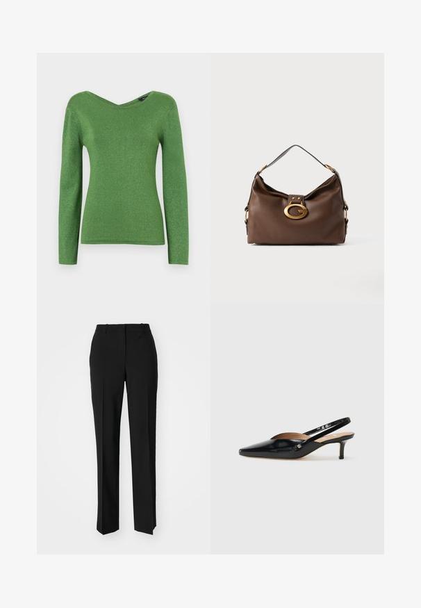 Žalias ilgomis rankovėmis viršus, pagamintas iš blizgaus audinio, su V formos iškirpte ir prigludusia siluetu, lygiu paviršiumi ir be matomų puošmenų.; Juodi pritaikyti kelnių modeliai su tiesiomis kojomis, pasižyminčios lygiomis tekstūromis ir ryškiomis klostėmis priekyje. Nėra matomų detalių.; Juodas patentuotas odinis slingback batelis su smailiu nosimi, mažu kulniuku ir išpjovimais ant priekinės dalies. Auksinės spalvos detalės ant šono.; Ruda odinė rankinė su tekstūruotu paviršiumi, turinti auksinės spalvos užsegimą ir vieną išlenktą petį.