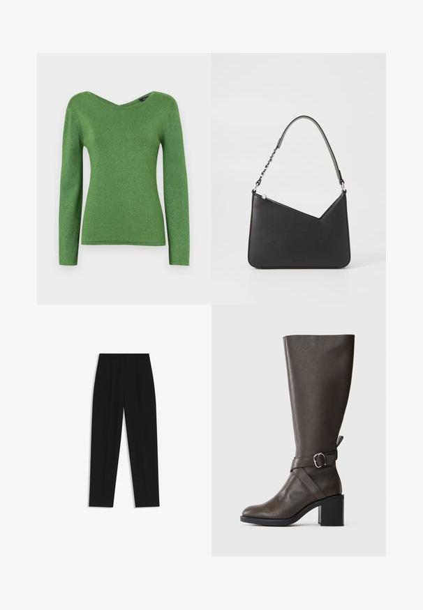 Grünes Langarmshirt aus schimmerndem Stoff, mit V-Ausschnitt und figurnaher Silhouette, glatter Textur und ohne sichtbare Verzierungen.; Schwarze Hose mit geradem Schnitt, doppelten Falten, einer glatten Textur und einem klassischen Bunddesign. Keine sichtbaren Beschläge oder Akzente.; Dunkelbraune knöchelhohe Lederstiefel mit einem mittelhohen Blockabsatz und einem dekorativen Riemen mit silberner Schnalle um den Knöchel.; Schwarze Lederhandtasche in dreieckiger Form, mit schmalem Tragegurt und silbernem Zubehör. Sie verfügt über einen Reißverschluss und ein geprägtes Logo auf der Vorderseite.