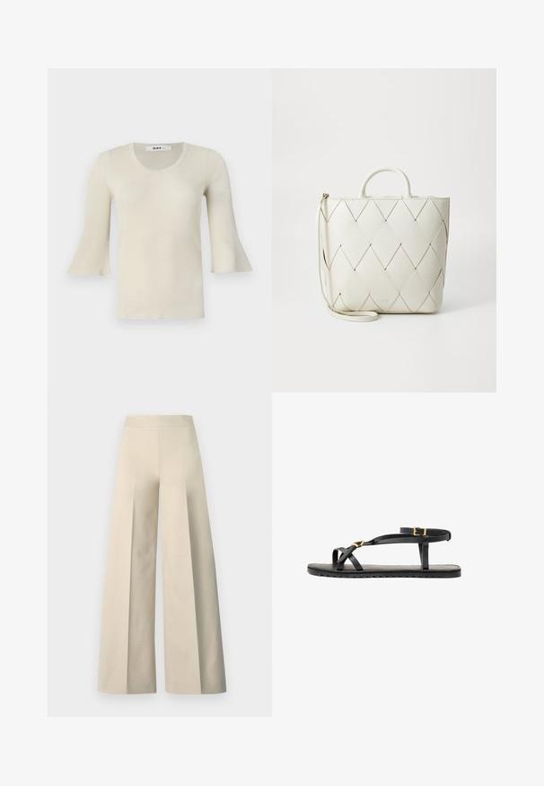 Light beige, ribbed knit top with a scoop neckline and flared three-quarter sleeves. Soft texture, versatile design for casual wear.; Sleeveless top in light beige, featuring a ribbed texture and a high, gathered neckline. Fitted silhouette enhances form.; Beige wide-leg pants with a smooth texture, high waistband, and deep creases down the front. Features a wide and flowing cut.; Black leather sandals with thin straps and a buckled ankle strap. Flat sole with a textured finish and zigzag edge. Minimalist design.; White leather tote bag featuring quilted diamond pattern, sturdy top handles, and a detachable shoulder strap for versatile carrying options.