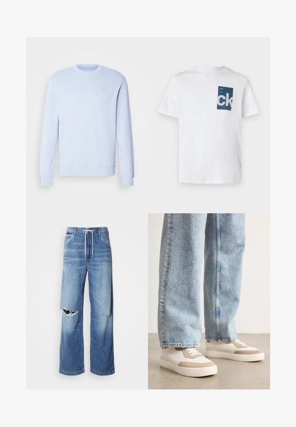 Sweatshirt azul claro, com decote redondo, mangas longas, punhos e bainha canelados, apresentando um pequeno logótipo em relevo no peito. Feito de tecido macio.; T-shirt branca de algodão com um bolso retangular azul com o logótipo "ck" e detalhes em texto em branco. Mangas curtas, decote redondo, ajuste regular.; Jeans de denim azul claro com um corte largo, apresentando uma cintura com cordão branco e rasgos distintos na parte da frente, mostrando bordas desfiadas.; Ténis brancos com accentos de camurça bege, bico redondo, atacadores planos e sola de borracha grossa. Usados com jeans de denim azul claro.