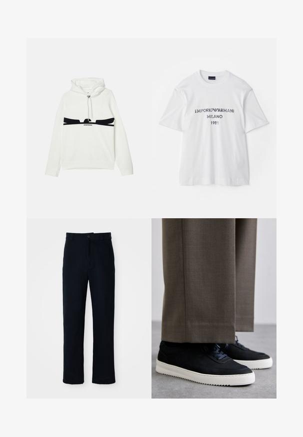 Bela kapuca s kapuco in kengurovim žepom, z črnim grafičnim dizajnom čez prsni del in kovinskim zateznim sistemom.; Bela bomba iz bombaža s kratkimi rokavi, ki prikazuje "EMPORIO ARMANI MILANO 1981" v temno sivi barvi ter logotip. Klasičen kroj s krožnim izrezom.; Temno modri hlače iz bombaža, s ravnim krojem, sprednjim gumbom in klasičnim pasom z zankami za pas.; Črne nubuk teniske z belimi gumijastimi podplati, ki imajo zaobljen nos in vezalke, oblečene z sivimi krojenimi hlačami.
