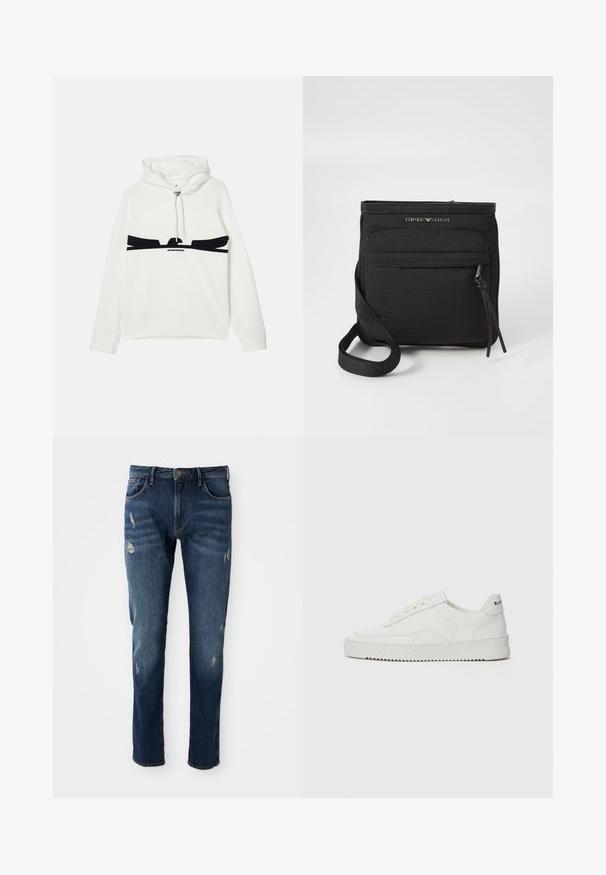 Biała bluza z kapturem z kieszenią typu kangur, z czarnym graficznym wzorem na klatce piersiowej oraz metalowym zaciągiem do sznurka.; Ciemnoniebieskie dżinsy o slim fit, z lekkimi przetarciami na udach i kolanach, klasyczny pięć kieszeniowy fason oraz zapięcie na guzik.; Białe skórzane sneakersy o gładkim wykończeniu, okrągłym nosku, płaskich sznurówkach i teksturowanej podeszwie. Charakteryzują się delikatnym logo na pięcie.; Czarna torba crossbody Emporio Armani z przednią kieszenią na zamek, regulowanym paskiem i detalem z logo na teksturowanym materiale.
