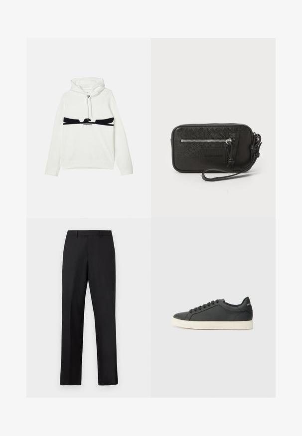 Bela kapuca s kapuco in kengurovim žepom, z črnim grafičnim dizajnom čez prsni del in kovinskim zateznim sistemom.; Črne, hlače z ravnimi nogami iz gladke tkanine. Imajo običajen pas in brez vidnih vzorcev ali poudarkov.; Črne usnjene superge z nizkim profilom, okroglo špičko in vezalkami; vsebujejo teksturiran gumijast podplat in detajl z logotipom na peti.; Črna usnjena torbica s teksturirano površino, sprednjim žepom z zadrgo in odstranljivo zapestnico. Ima logotip na sprednji strani. Pravokotna oblika.