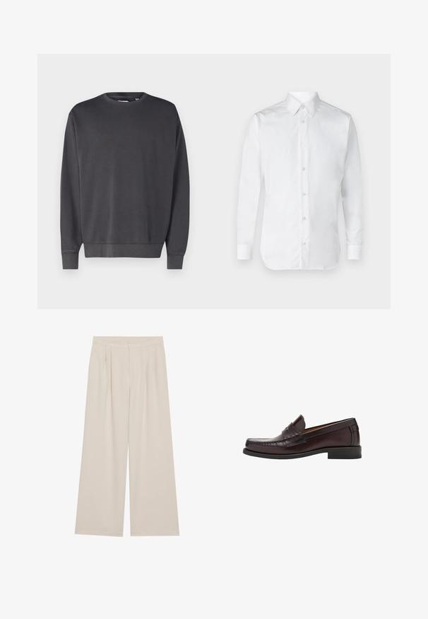 Temno siva majica s krojem, dolgimi rokavi ter rebrastimi manšetami in robom. Narejena iz mehke, teksturirane tkanine. Preprost dizajn, brez vidnih logotipov.; Bela srajca z dolgimi rokavi, iz gladkega bombažnega materiala, s klasičnim ovratnikom in subtilnim sijajem. Pet gumbov spredaj.; Bež hlače širokih nogavic z ravnim sprednjim delom, naborki in elastičnim pasom. Narejene iz lahkega materiala z gladko teksturo.; Rjave usnjene loafer čevlje zaokroženih prstov, dekorativni šiv na sprednji strani in ravno gumijasto podplat za podporo in vzdržljivost.