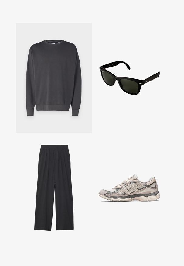 Tumši pelēks džemperis ar apaļu kakla izgriezumu, garām piedurknēm un ribotām aprocēm un apakšmalu. Izgatavots no mīkstas, teksturētas auduma. Vienkāršs dizains, bez redzamām logo.; Balta krekla ar garām piedurknēm un vertikālām tumši zila svītrām, ar krūšu kabatu un klasisku apkakli. Gluda auduma, atvieglota piegrieze.; Platas piegriezuma bikses no tumši pelēka auduma. Iezīmes - izgriezumi jostasvietā, veidota forma un taisna silueta.; Gaišs pelēks sporta apavs ar acu un zamša augšdaļu. Iespējo samazinātu zoli, izteiktas pārklāšanas un strukturētu dizainu.; Melnās plastmasas saulesbrilles ar tumši zaļiem lēcām. Kvadrāta rāmja dizains ar sudraba akcentiem un izvirpotu logo uz tempļa.