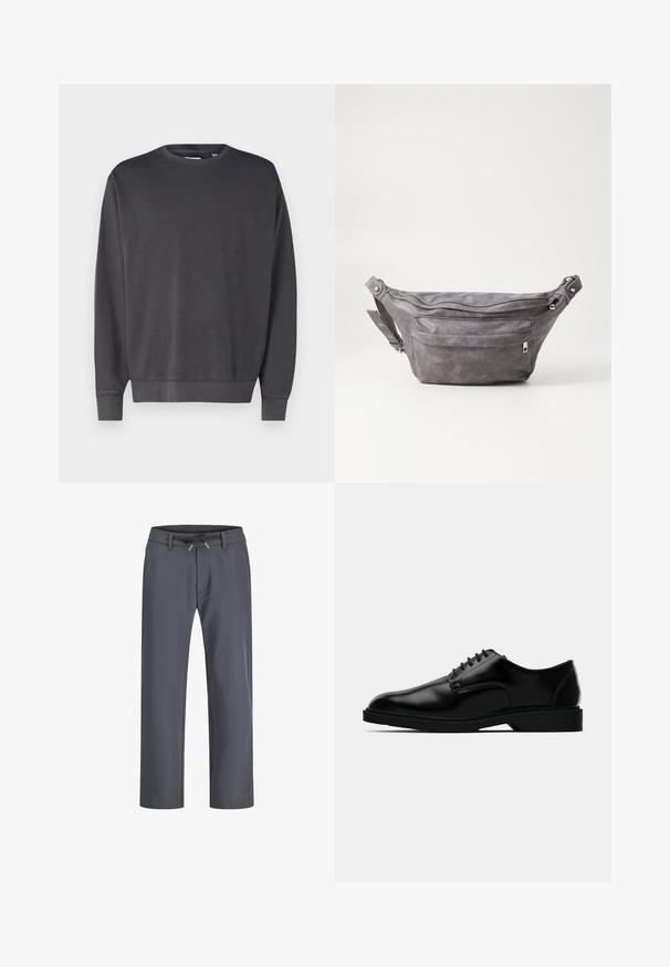 Dark gray sweatshirt with a crew neck, long sleeves, and ribbed cuffs and hem. Made from a soft, textured fabric. Simple design, no visible logos.; Gray, elastic waistband pants with a drawstring. Straight leg design, made from smooth fabric, feature minimal stitching and no visible hardware.; Black leather dress shoe with a smooth finish, rounded toe, lace-up design, and understated rubber sole for traction.; Gray suede fanny pack with a rounded shape, two zippered compartments, and adjustable strap. Features metal hardware accents.