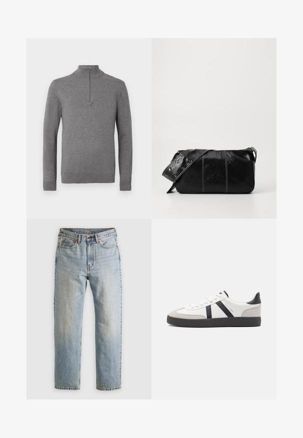 Siv sviterni pulover z dolgimi rokavi in četrtastim zadrgo ter rebrastimi manšeti in robom, prikazan na enostavni beli podlagi.; Svetlo modri džins hlače z visokim pasom, sprednjim gumbom, zadrgo in petimi žepi, laid flat na nevtralni podlagi.; Bela športna obutev z črnimi in sivo akcenti, z teksturirano sivo kapico za prste, črnim gumijastim podplatom in ravnimi belimi vezalkami. Čista zasnova, minimalistični slog.; Črna usnjena torba za ramo z zadrgo, ki ima teksturirano telo, belo šivanje in trak s srebrnimi luknjami.