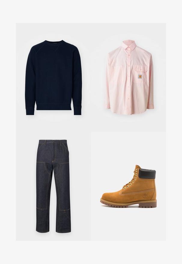 Marineblaue Sweatshirt mit strukturiertem Stoff, Rundhalsausschnitt und Raglanärmeln. Mit gerippten Bündchen und Saum. Minimale Markenkennzeichnung am Ärmel.; Hellrosa Hemd mit Knopfleiste, zwei Brusttaschen und einem Logolabel. Aus Baumwolle gefertigt, mit klassischem Kragen und langen Ärmeln.; Dunkelblaue Denimhose mit lockerem Schnitt, gelben Nähten, Vordertaschen und einem markanten Nahtdesign.; Beige Wildleder-Ankle-Boot mit schwarzem gepolstertem Kragen, goldenen Metallösen, weißen Nähdetalben und einer robusten Gummisohle mit ausgeprägtem Profil.