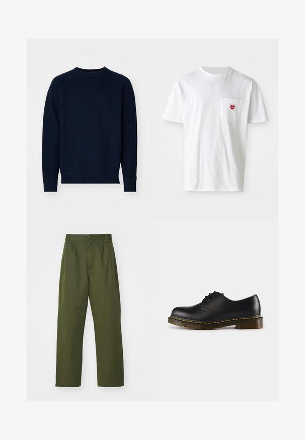 Marineblå hettegenser med teksturert stoff, rund hals og raglanermer. Har ribbestrikkede mansjetter og nederkant. Minimal merking på ermet.; Hvit bomulls t-skjorte med rund hals og korte ermer. Har en liten rød hjerte-logo på venstre brystlomme.; Olivenfargede, høy midje-bukser med rette bein. Laget av et lett stoff, med frontfolder og knappelukking.; Sorte skinnsko med rund tå, snøringsdesign, gul søm langs sålen og en kraftig, teksturert gummisåle.