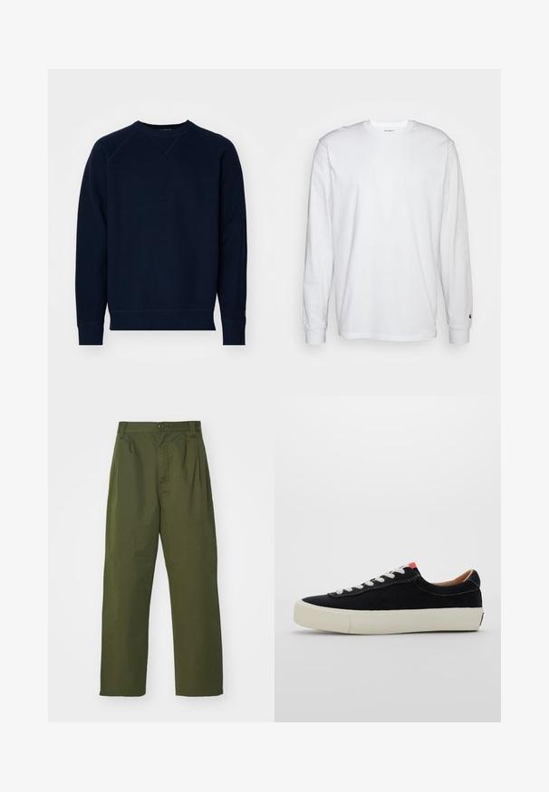 Tumedate sinine svett, mis on valmistatud tekstureeritud kangast, ümar kaelus ja raglanvarrukad. Omab ribatud paelu ja hemmi. Minimalistlik bränding varrukal.; Valge pika varrukaga T-särk, mis on valmistatud puuvillast. Ümmargune kaelus, ribaga mansetid ja väike logo vasakul varrukal. Sile tekstuur.; Olive roheline, kõrge vöökoht ja sirge lõikega püksid. Valmistatud kergest kangast, ees on voldid ja nööpkinne.; Must mustrasneaker mustmustraday valgetus valge nööritega, beež kummist tallaga ja punase aktsendiga kandade juures. Ümar nina ja minimaalne õmblusdetail.