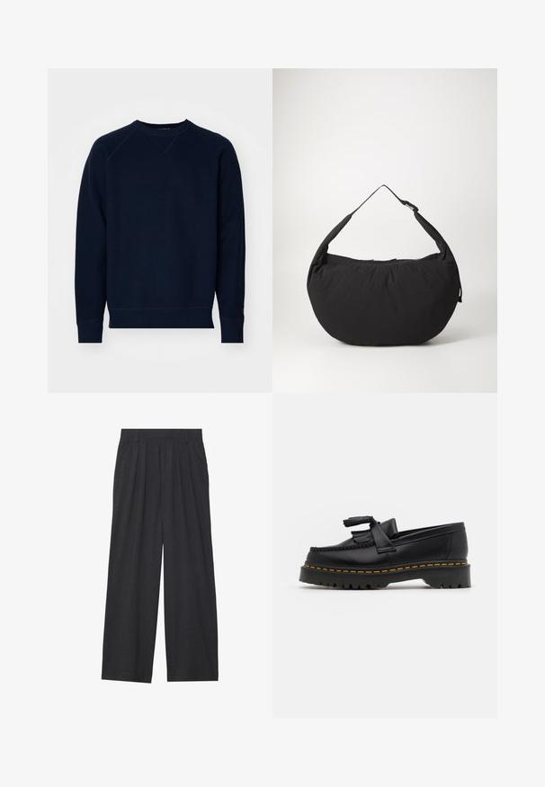 Temno modra majica s krempljem iz teksturirane tkanine, okroglim izrezom in raglan rokavi. Ima rebraste manšete in rob. Minimalno označevanje na rokavu.; Široke hlače iz temno sive tkanine. Imajo nabore na pasu, prilagojen dizajn in ravno silhueto.; Črne usnjene loafersice s kaširanim naglasom, z debelim črnim podplatom in rumenim šivom ob robu. Teksturirana površina.; Črna platnena torba za ramo s ukrivljeno obliko, opremljena z enim trakom in zadrgo. Mehak material, minimalističen dizajn.